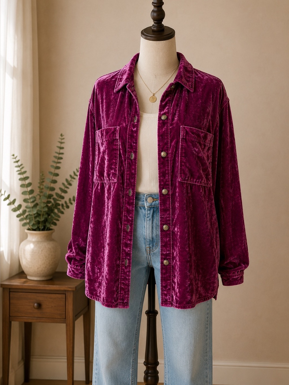 Anthropologie Pilcro Berry Crushed Velvet Utility Shacket Button Front Size M